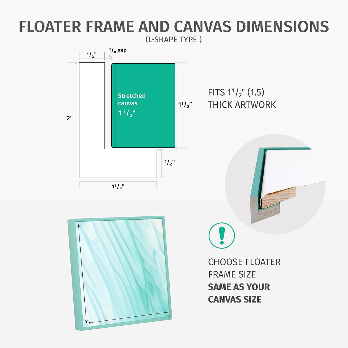 pixy canvas 20x20 inch floater frame for 1.5" showing dimensions