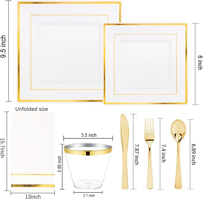 Festiva 350Pcs Gold Plastic Plates - Disposable Square Gold Plates Dinnerware set include 9.5"/6" Plates,Cups,Plastic Cutlery,Hand Napkins Perfect for 50 guests Party&Wedding&Birthday