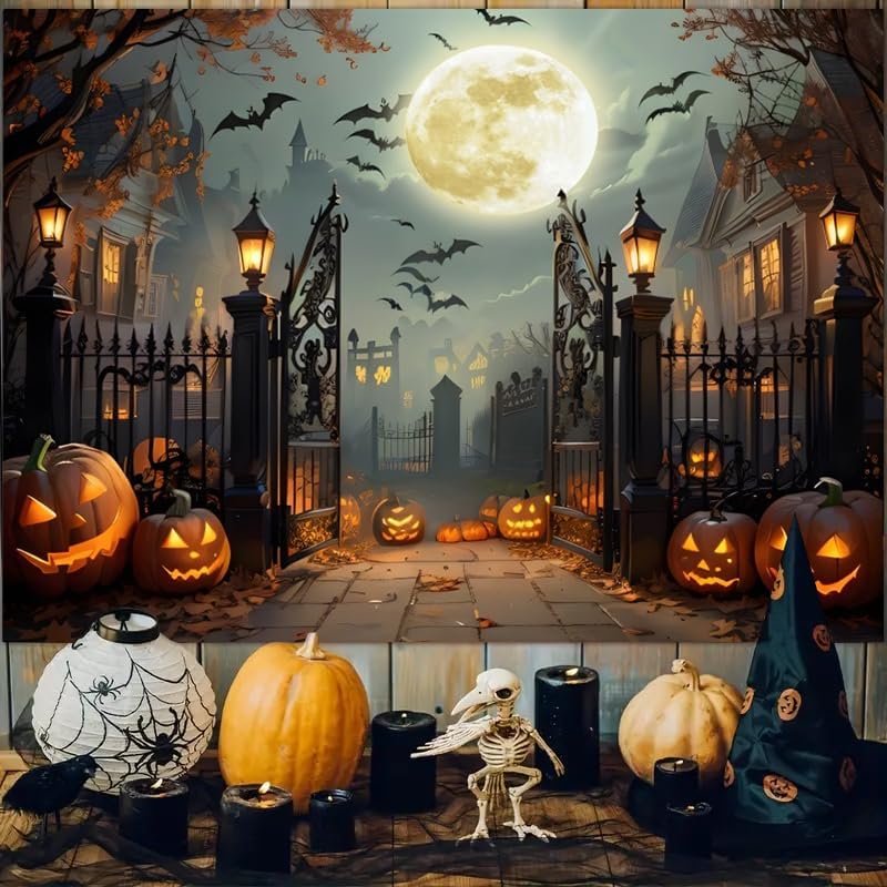 Halloween Backdrop 10x10ft Scary Full Moon Night Pumpkin Ghost Castle Hallowe...