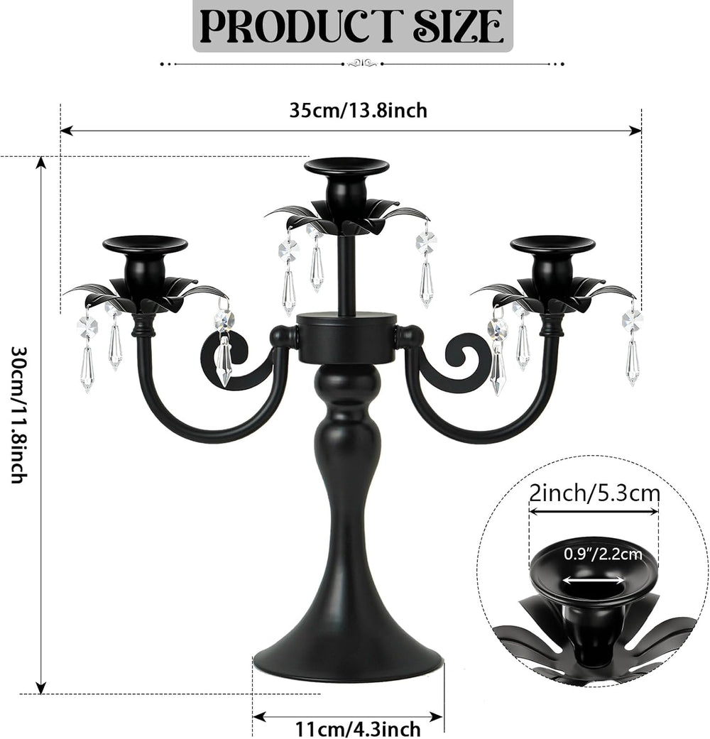 Metal 3 Arm Candelabra with Crystal Pendants - 11.8 Inch Tall Candle Holders,...