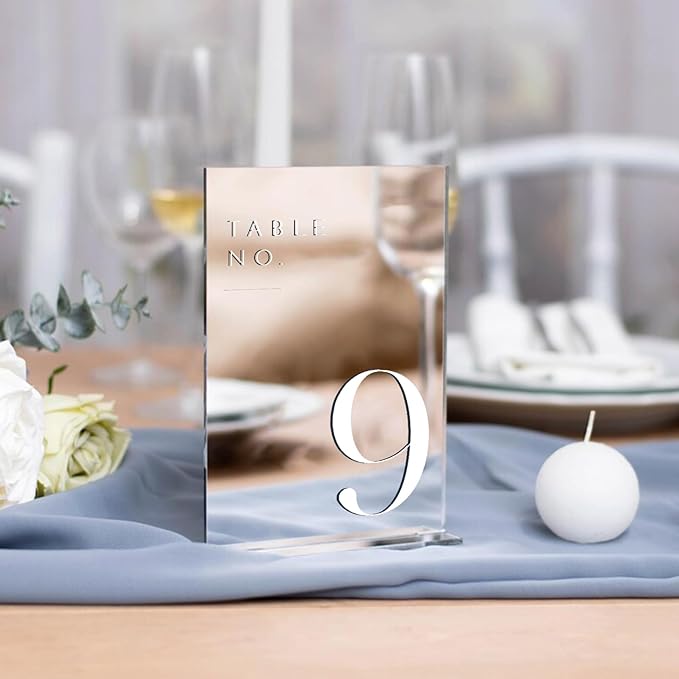 JINMURY Sliver Wedding Table Numbers 1-20 with Stands, 5"x7" Sliver Mirror Acrylic Table Numbers for Wedding Reception (Sliver Mirror White Font, Number 1-20, 5"x7")