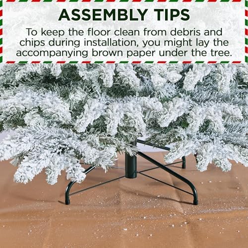 Yaheetech 6ft Pre-Lit Artificial Christmas Tree with 400 Warm White LED Lights & 940 PVC Tips,Hinged Snow Flocked Xmas Tree with Foldable Stand & Protective Foot Caps,Green & White