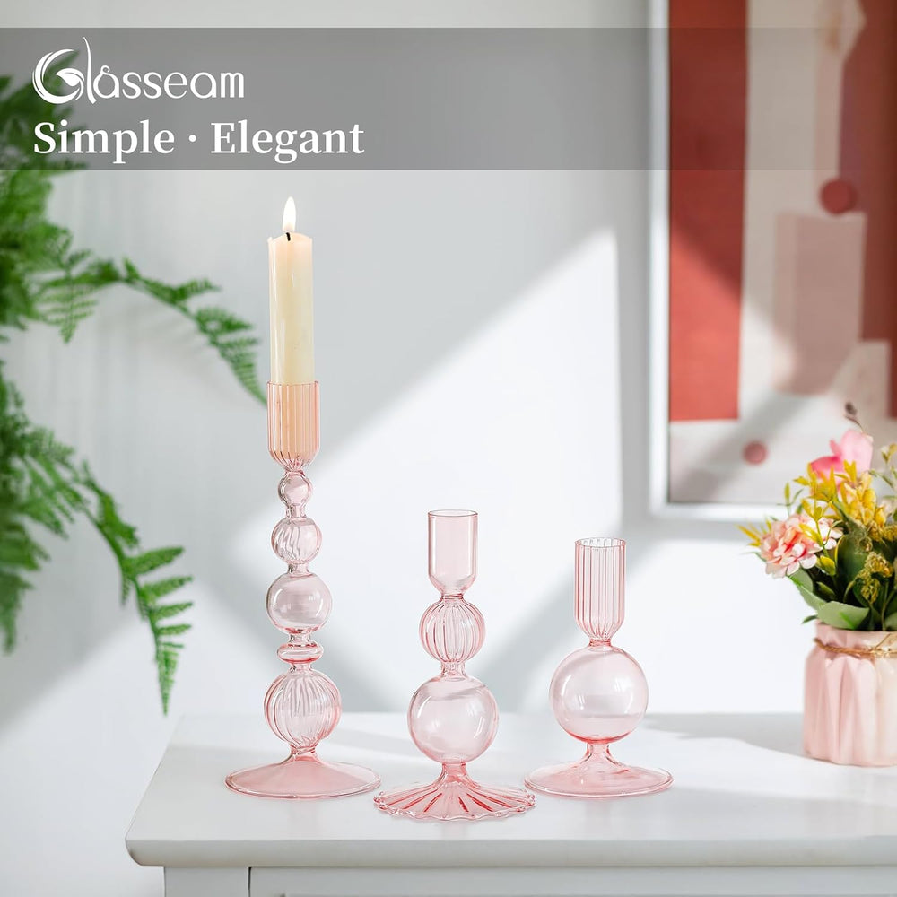 Glasseam Pink Glass Candlestick Holder: Unique Taper for Table Centerpiece