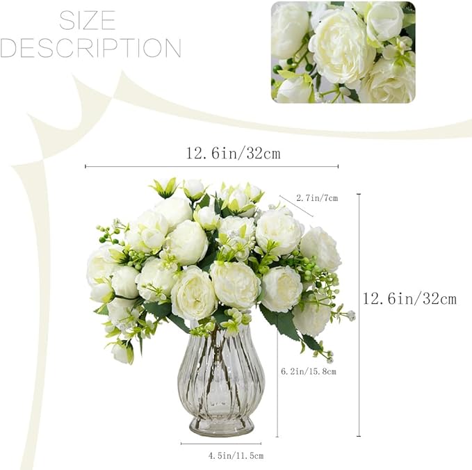 Artificial Peonies Silk Flowers in Glass Vase Faux Flowers Bouquets Modern Penoy Arrangement 4 Pack for Home Decoration Table Centerpiece (White)