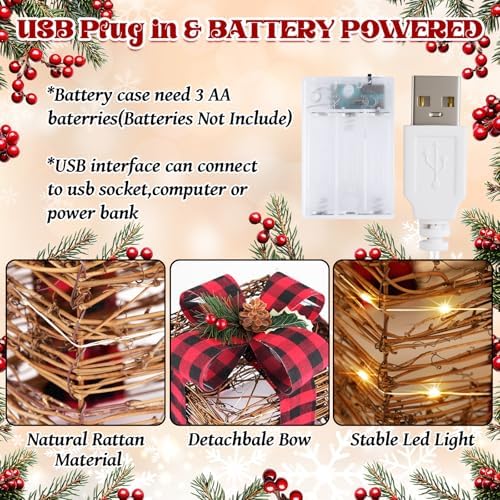 LAWOHO Set of 3 Christmas Lighted Gift Boxes,Rustic Rattan Light Up Present Boxes with Bows,Battery&USB Operated LED Xmas Gift Boxes for Christmas Decorations Holiday Ornaments Indoor Outdoor Decor