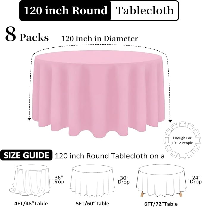 8 Pack Pink Round Tablecloth 120 Inch Stain and Wrinkle Resistant Round Pink Table Cloth Reusable and Washable Polyester Fabric Table Covers for Buffet Wedding Party and Banquet