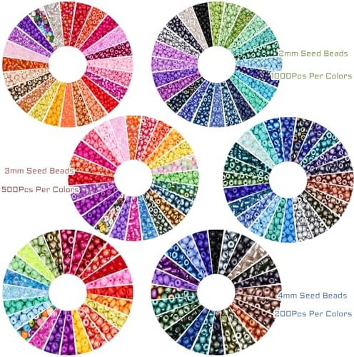 EuTengHao 81600pcs Glass Seed Beads Craft Beads 6/0,8/0,12/0 Multi-Size for DIY Bracelet Necklaces Crafting Jewelry Making Supplies with Beading Needles Elastic Strings (144 Colors, 2mm&3mm&4mm)