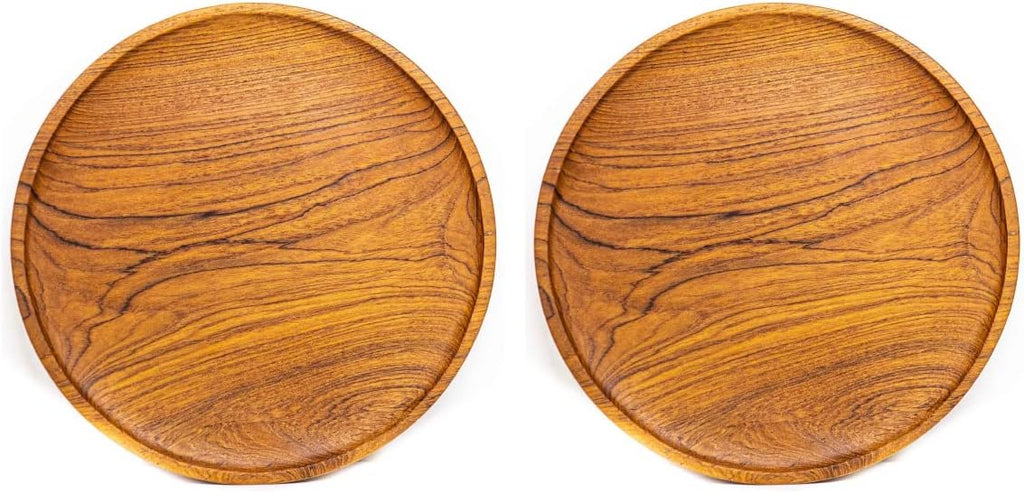 Rainforest Bowls Set of 2 10" Round Javanese Teak Wood Dinner Plates- Perfect for Everyday Use- Hot & Cold Friendly, Ultra-Durable, Premium Wooden Plates- Handcrafted by Indonesian Artisans