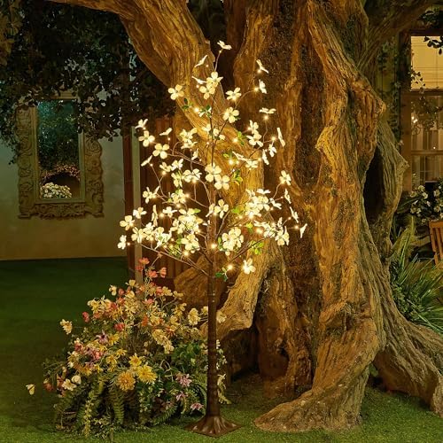 6FT Lighted Dogwood Tree 120 LED Artificial Flowers Tree with Lights for Decor Inside and Outside Home Patio Wedding Festival Christmas Decoration Warm White