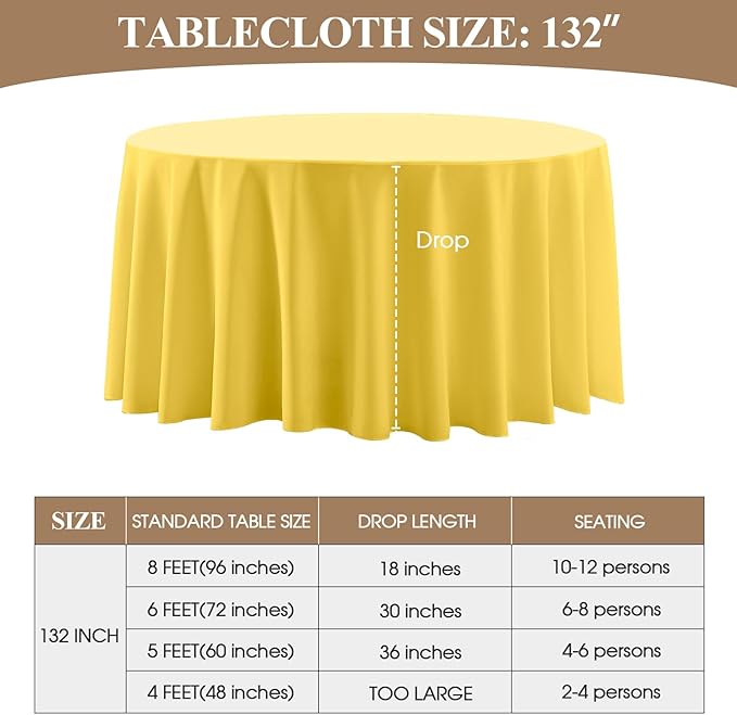 Round Tablecloth 132 Inch 6 Pack Yellow Tablecloths Washable Decorative Linen Polyester Table Clothes Cover for Dining Table Banquets Buffet Parties and Wedding