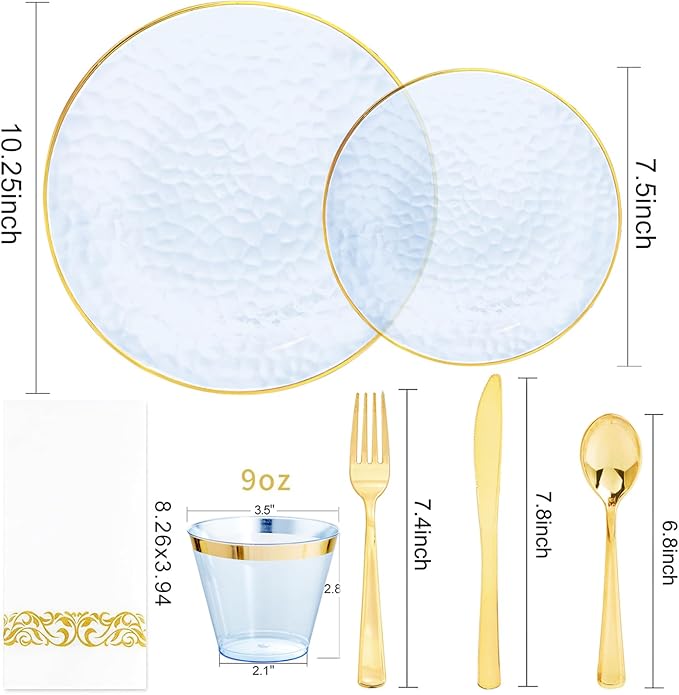Rubtlamp 350 Pcs Clear Blue Plastic Plates, Blue Gold Plastic Dinnerware Set (50 Guests), Blue Disposable Plates With Gold Rim, Hammered Party Plates Set for Christmas Wedding And Party