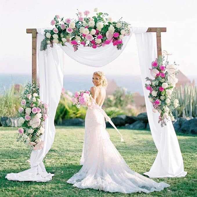 White Wedding Arch Draping Fabric 20Ft Long Chiffon Fabric Drapes 2 Panels White Chiffon Drapes for Romantic Wedding Ceremony Reception Swag Chiffon Fabric Drape for Party Ceremony Arch Stage