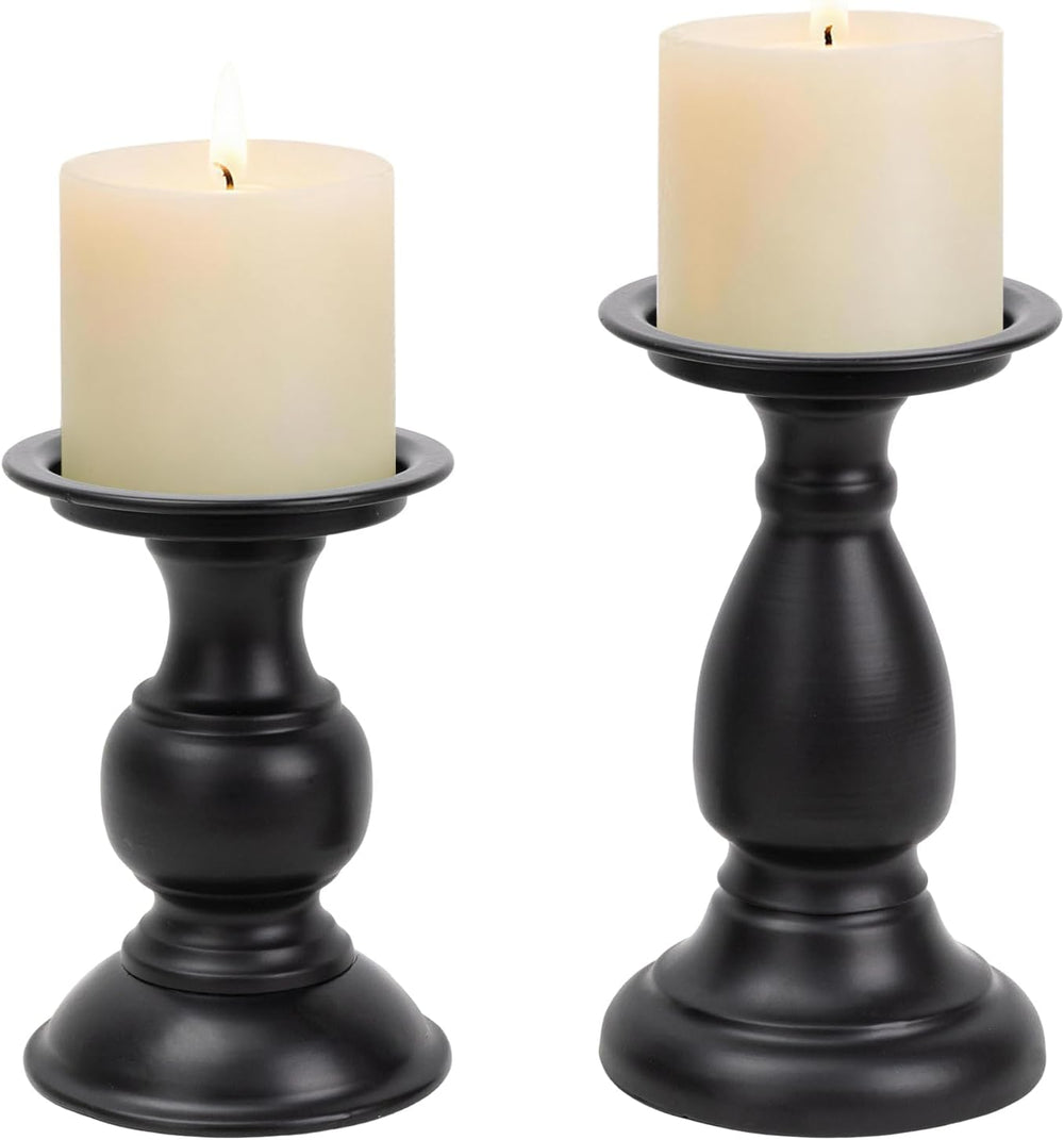 Vintage Metal Pillar Candle Holders Set of 2,Heavy Candle Stands Black