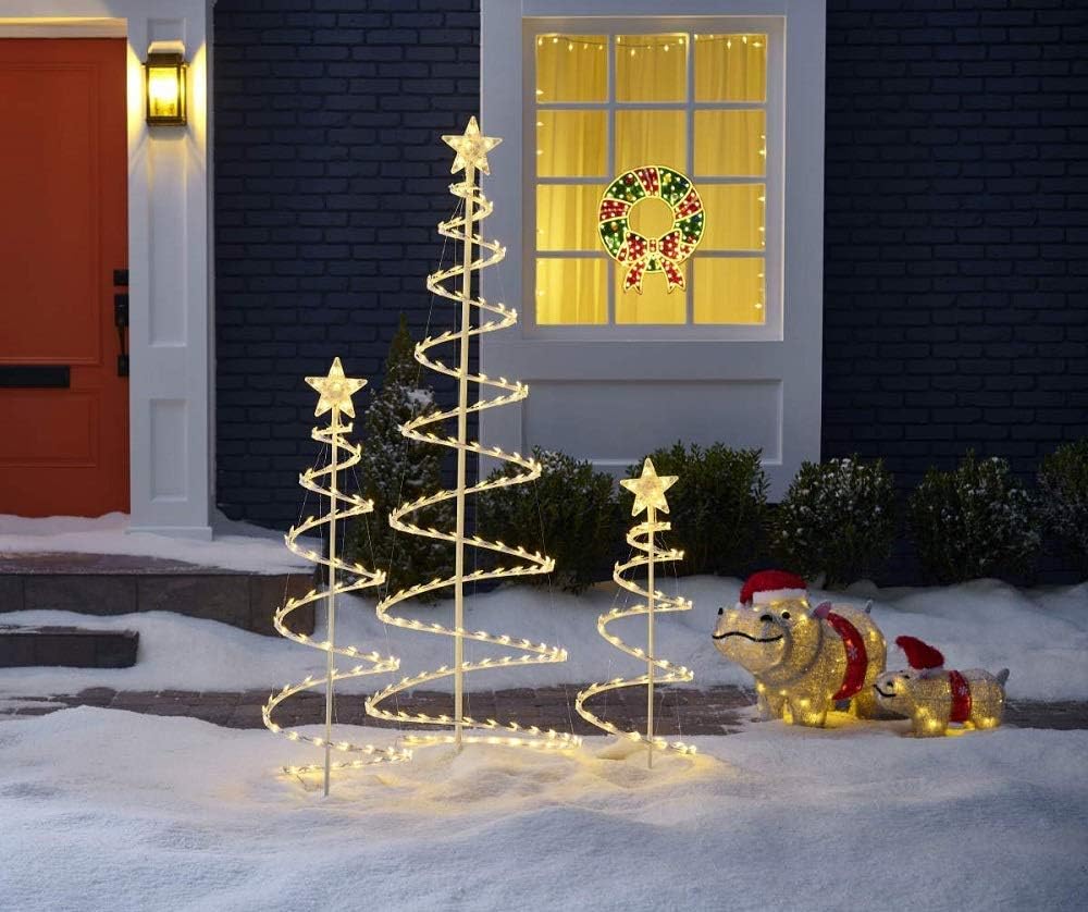 set of 3 lighted spiral -christmas- trees, close-up detail