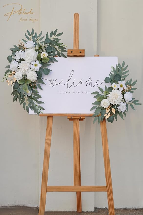 Faux Flower Swag Set of 2 for Wedding Welcome Signs Floral Swag Wedding Reception Ceremony Signs Decor (A-White)