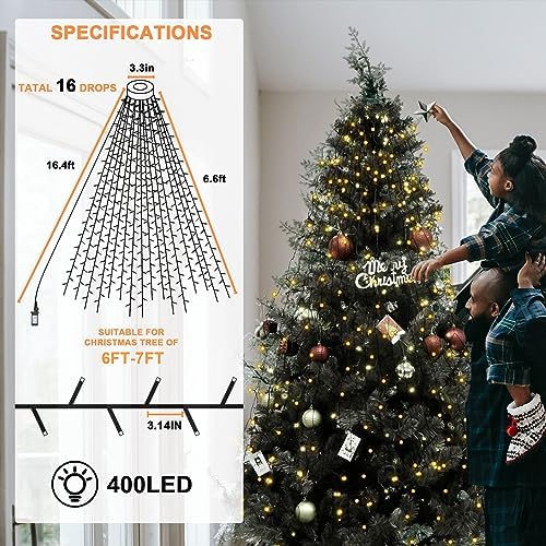 BOLWEO Christmas Tree Lights, 400LED 16 Lines Christmas Lights for Tree 8 Modes for 6ft-7ft Christmas Tree, UL Certified Indoor Outdoor Christmas Decorations 16 * 6.6ft Drops Warm White