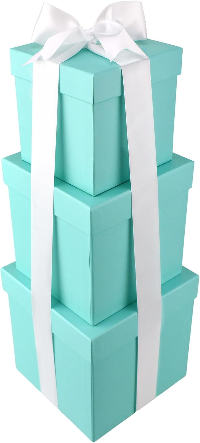 Homeford Robin's Egg Blue Nested Square Gift Boxes, 3-piece set with ribbon, 5/6/7-inch, for wedding centerpieces elegant party table decor