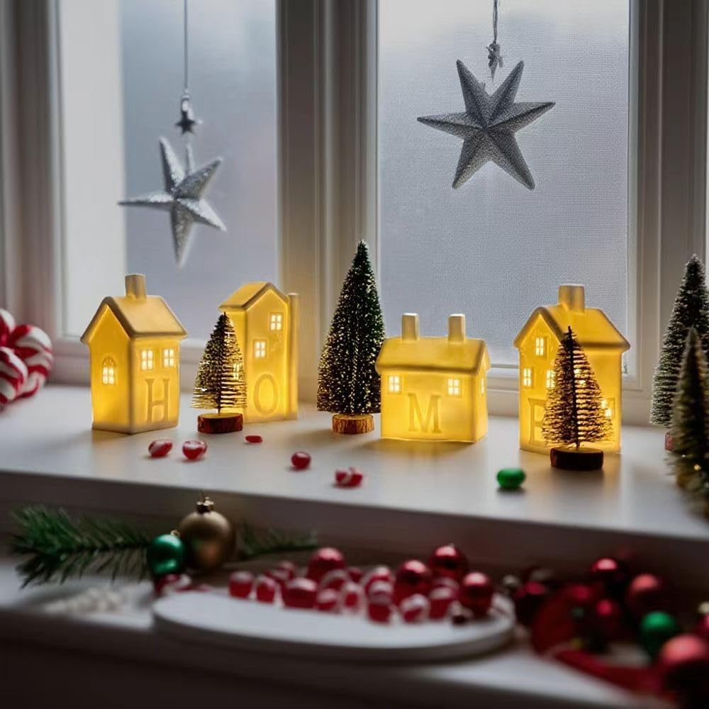christmas village set ceramic christmas house with led, close-up detail