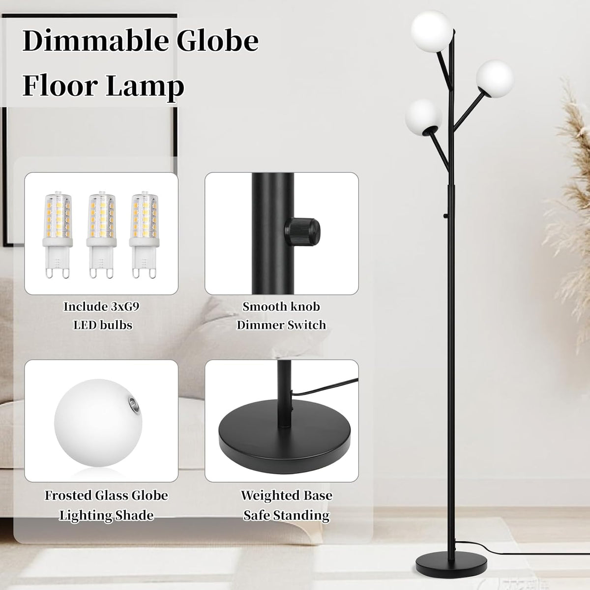 Ldeco 3-Globe Mid Century Black Tree Floor Lamp for Living Room,70in Tall Modern Stepless Dimmable Standing Lamp with Frosted Glass Shade for Office Bedroom, Study Room Bulbs Included(dimmer-Black)