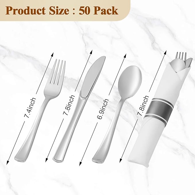 BESTVIP 50 Pack Pre Rolled Silver Plastic Silverware Set, Disposable Wrapped Cutlery Set with 50 Napkins, 50 Knives, 50 Forks and 50 Spoons for Party, Birthday