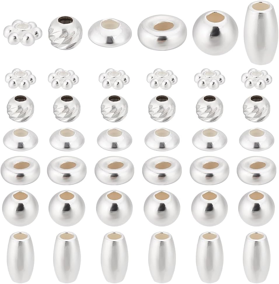 PH PandaHall 60pcs 925 Sterling Silver Beads for Jewelry Making, 6 Style Small Bracelet Spacer Beads Smooth Loose Beads Beading Supplies for Crafts Necklace Bracelets Earring Making, 3-6mm