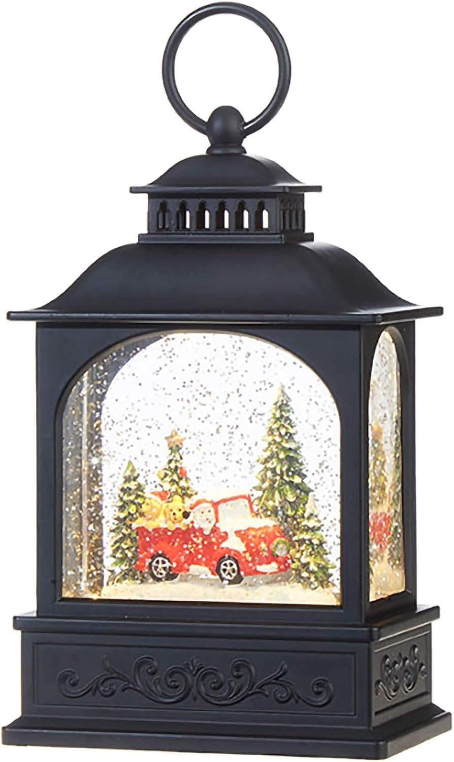 raz imports dogs in red truck scene lighted, side view