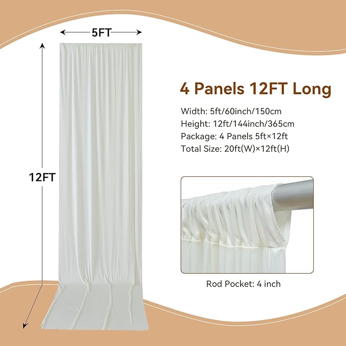 20×12ft Wrinkle Free Ivory Backdrop Curtain for Wedding Parties, 4 Panels 5×12ft Long Soft Silky Polyester Backdrop Drapes Cream Photo Back Drop Curtains for Party Photography Background Cloth