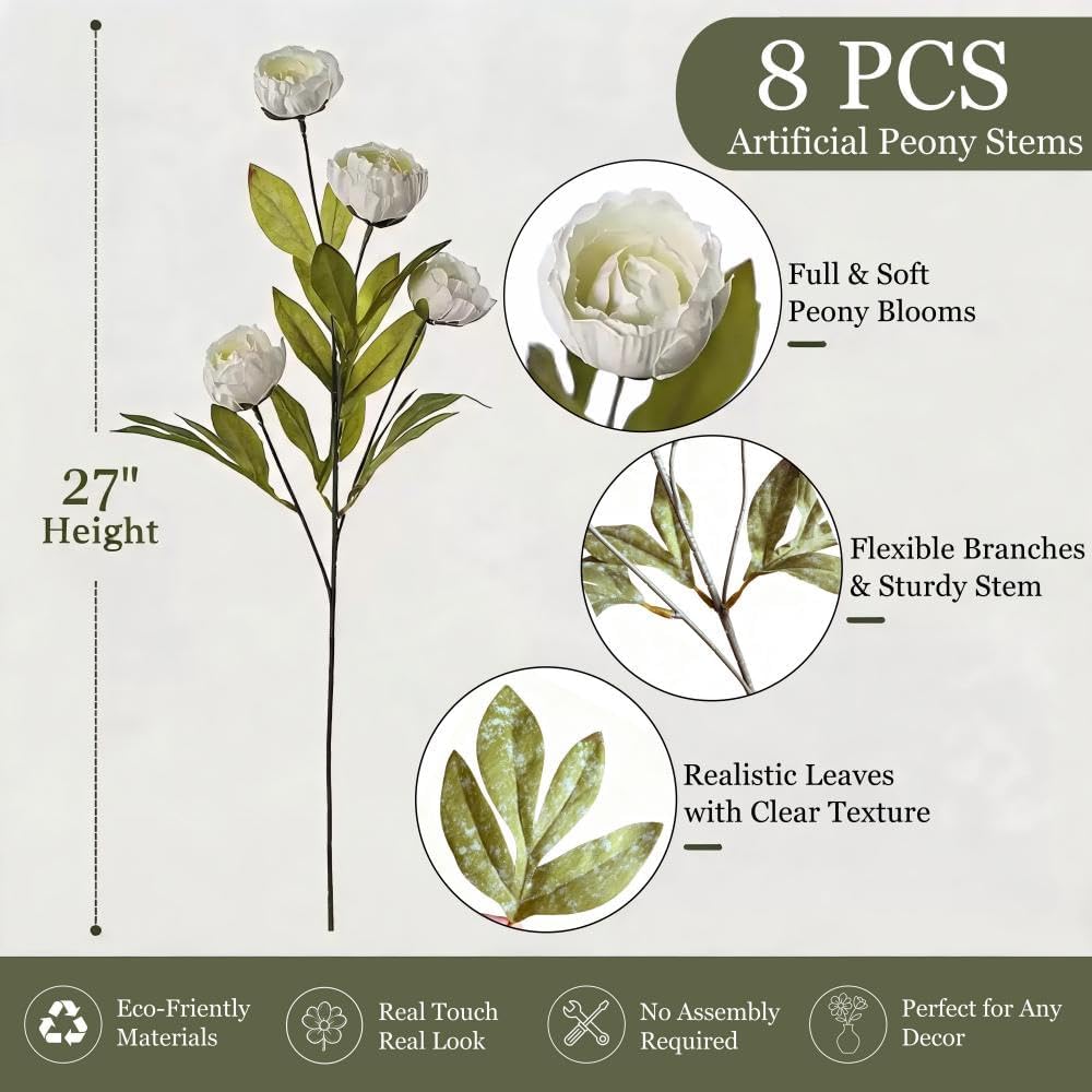 NULLEINS 8Pcs White Faux Peonies, 27" Long Stems Artificial Silk Flowers