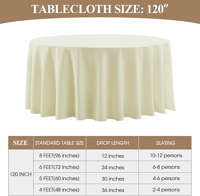 Round Tablecloth 120 Inch Tablecloth 10 Pack Ivory Table Cloths Washable Decorative Polyester TableClothes Cover for Dining Table Banquets Buffet Parties and Wedding