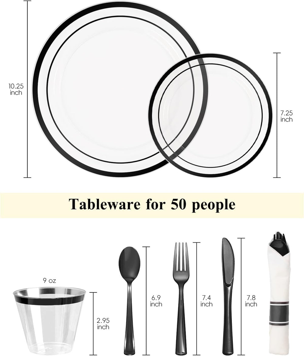 350 Pcs Clear Black Disposable Plastic Party Plate Cup Napkin Sets