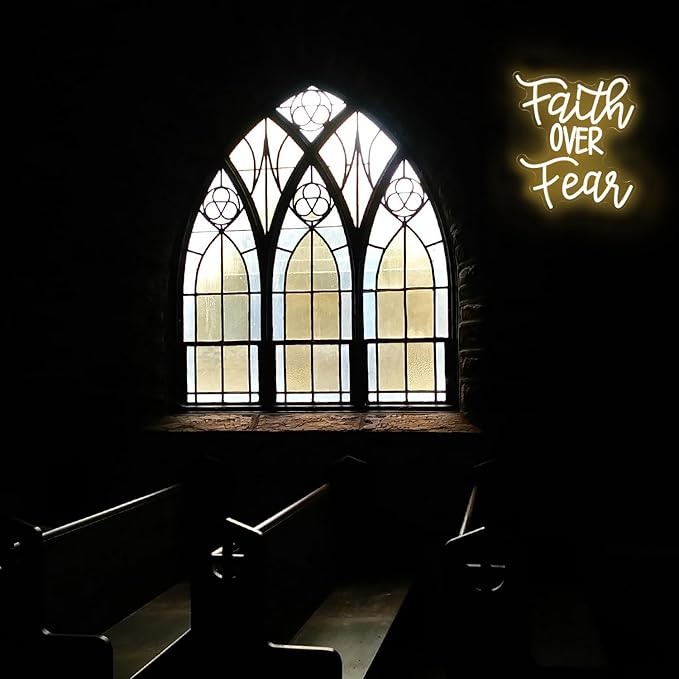 Faith Over Fear Neon Sign Jesus Neon Light Christian LED Signs for Wall Dimmable Warm White Letters Neon Lights Signs for Bedroom Man Cave Classroom Church Decor Christian Religious Sayings