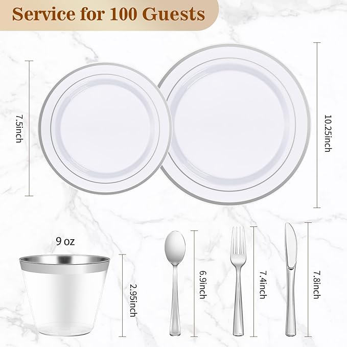 BESTVIP 600PCS Silver Dinnerware Set for 100 Guests, Plastic Plates for Party, 100 Silver Disposable Plates, 100 Dessert Plates, 100 Cups, 100 Spoons, 100 Forks and 100 Knives