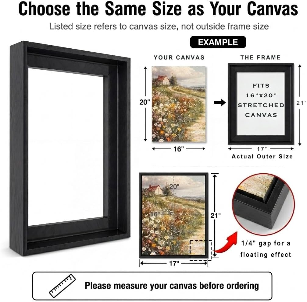 canvas floater frame for finished canvas art, 1.25" showing dimensions