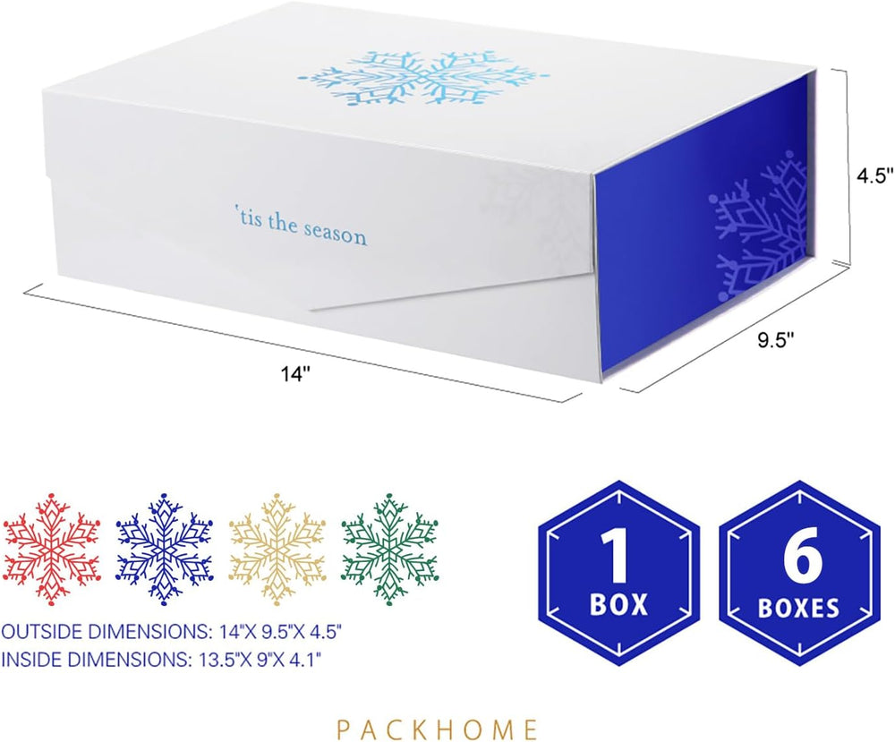 6 Large Blue Christmas Gift Boxes 13.5x9x4.1in with Magnetic Lid