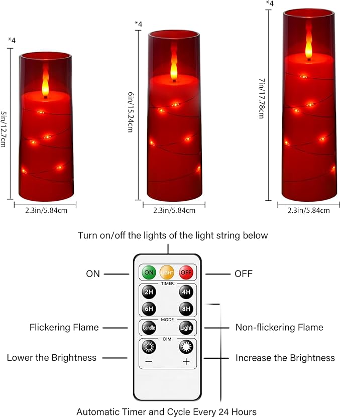 Flameless Candles with Embedded Star String - Battery Operated LED Candles, with Remote,12 Red Flickering Candles for Christmas, Weddings, Home Decor & Party,(D 2.3"×H 5" 6" 7")