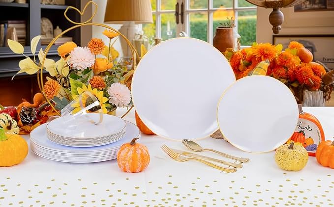 Festiva 176Pcs White and Gold Plastic Plates - White with Gold Rim Fall Dinnerware Set - 25Guest include Plates Cups Cutlery Napkins for Fall Party&Wedding& New Year&Thanksgiving (175PCS)