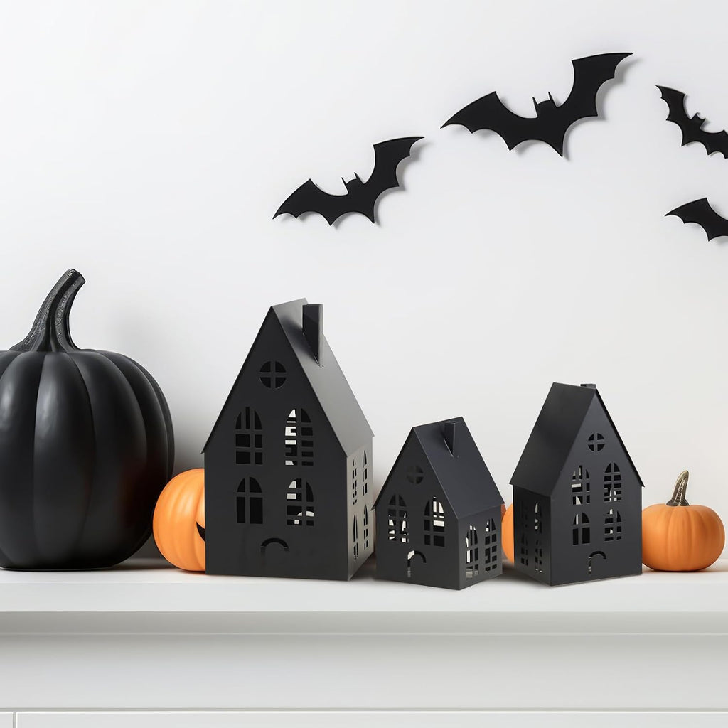 beeveer 3 pack metal halloween haunted houses black, side view