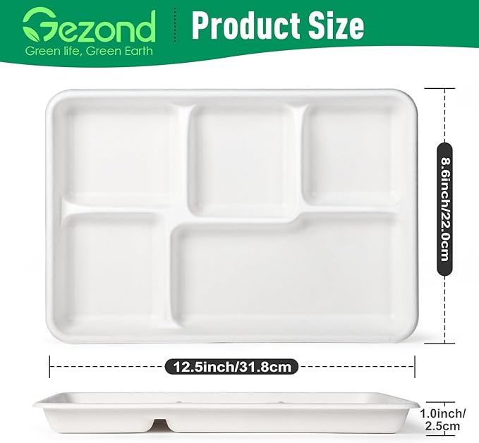 Gezond 100% Compostable 5 Compartment Plates 12.5 * 8.6 Inch, 100 Pack Disposable School Lunch Trays, Eco-Friendly Sugarcane Plates for Party Buffet Lunch Dinner