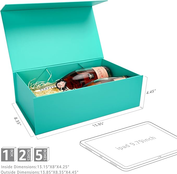LIFELUM Green Blue Gift Box 13.85 x 8.35 x 4.45 inch, 1 Pack Big Gift Box with Magnetic Lid for Presents,Birthday, Bridesmaid Proposal Boxes Contains Ribbon, Card,Shredded Paper Filler