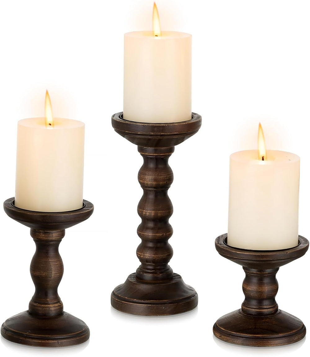 Romadedi Wood Candle Holders for Pillar, Dark Brown, Set of 3