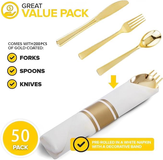 50Guests Pre Rolled Gold Plastic Silverware Sets - Heavy Duty Gold Cutlery - Include 50 Pack Wrapped Disposable Utensils with Napkins for Parties, Dinners & Weddings