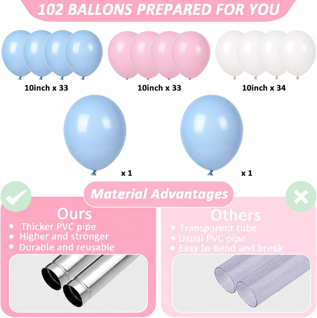 2 Sets Adjustable Balloon Column Stand Kit with Bases（Pink Blue）