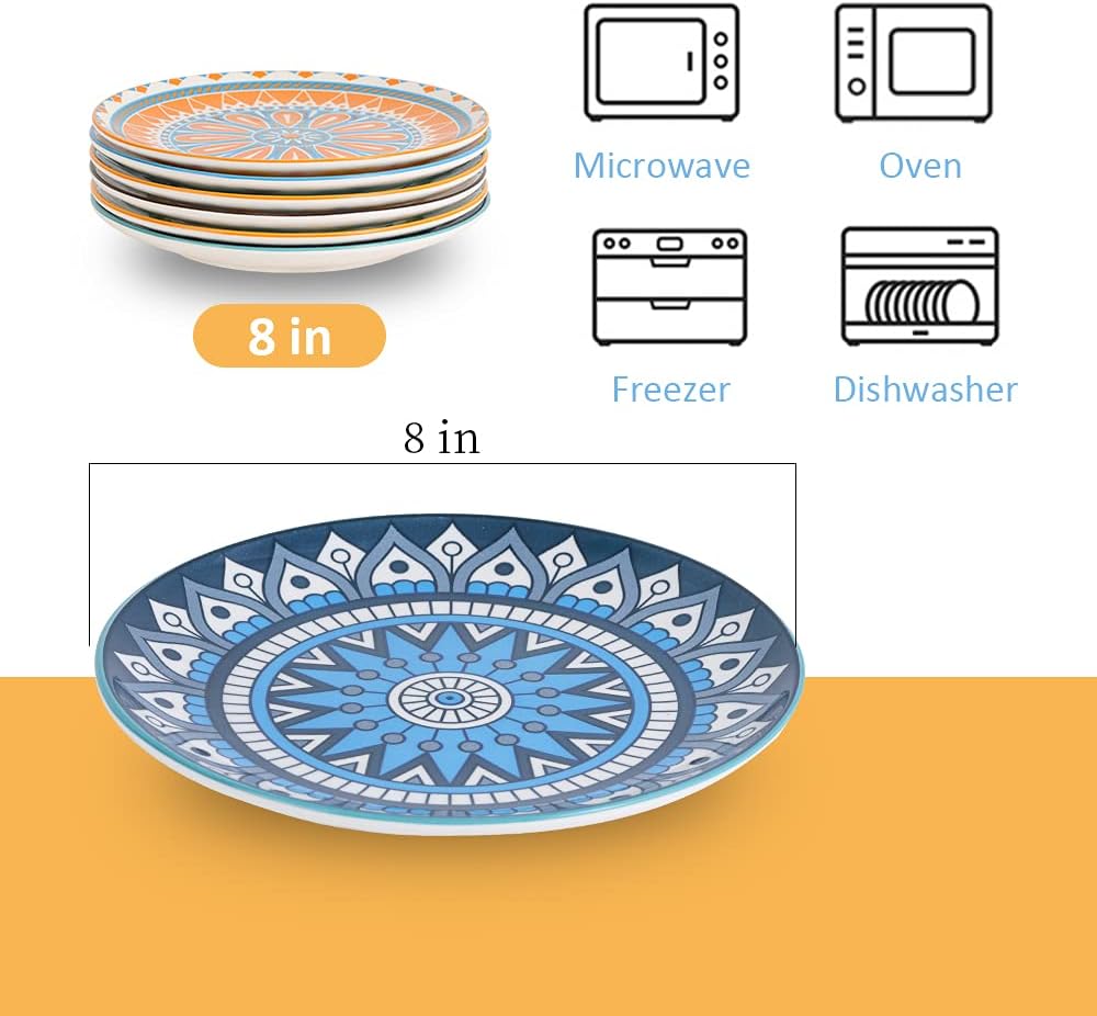Dessert Plate Set of 6-8 Inch Ceramic Salad and Appetizer Plates - Vibrant Mi...