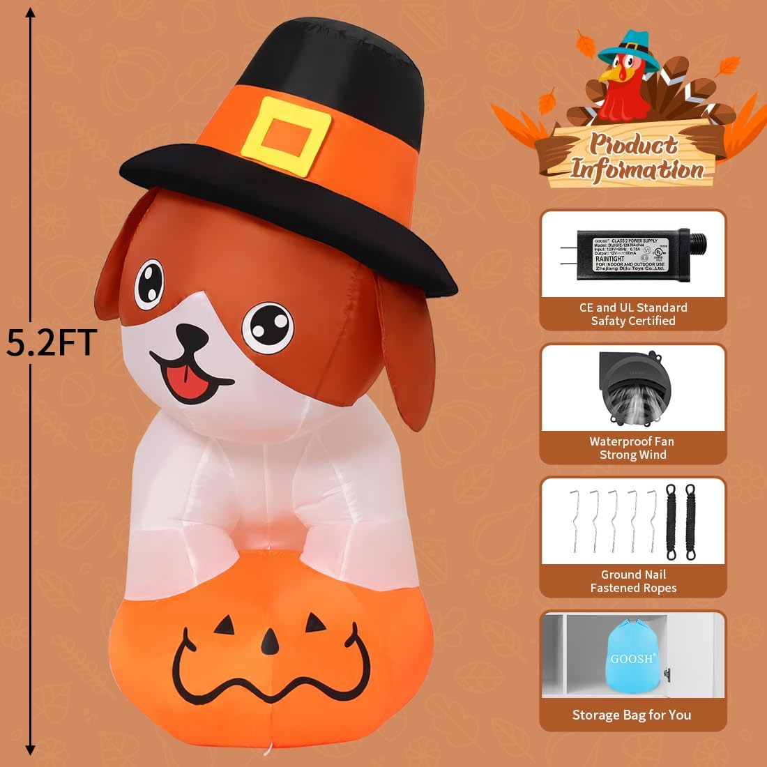 goosh 5.2 ft thanksgiving inflatables dog outdoor decorations, package contents