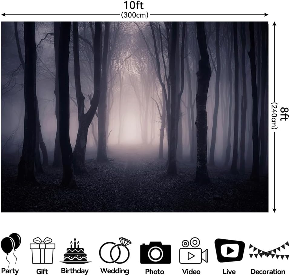 10x8 FT Spooky Forest Backdrop Scary Halloween Themed Party Photo Backdrop Dark Misty Woods Party Decorations Academia Photography Background Photo Booth Props Polyester