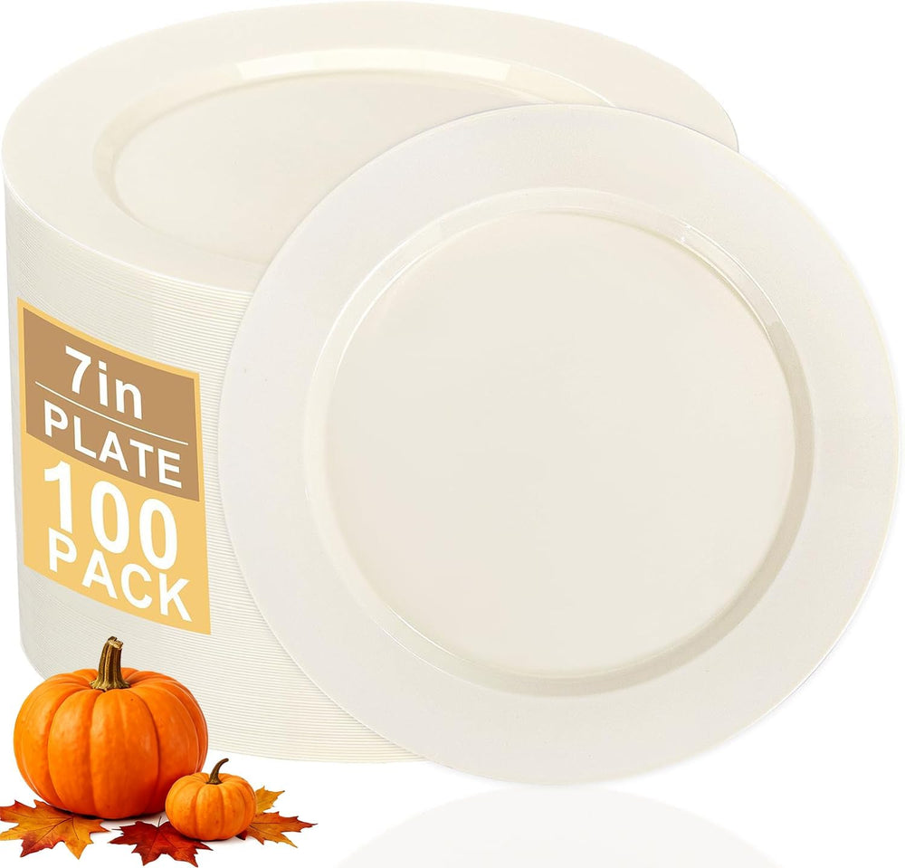 100Pcs 7" Ivory Plastic Dessert Plates, Fancy Plastic Dessert Plates