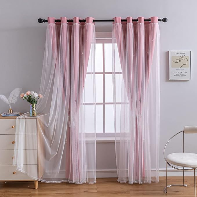 FANLI 2 Panels Star Blackout Curtains for Kid Girls Bedroom Living Room Darking Stripe Double Layer Star Cut Out Wall Home Decor Gradient Grommet Window Curtains (Pink 72L)
