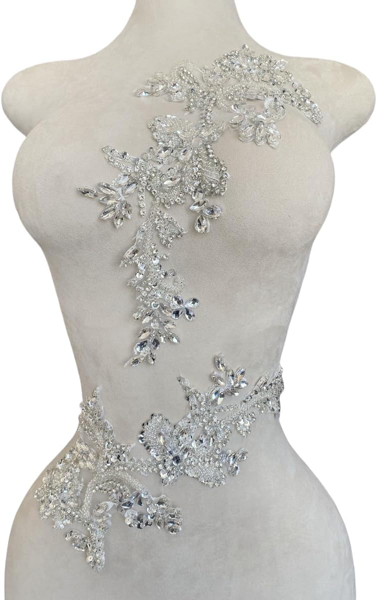Handmade Rhinestones Bodice lace Applique handsewing Beads Sequins Trim Patch...