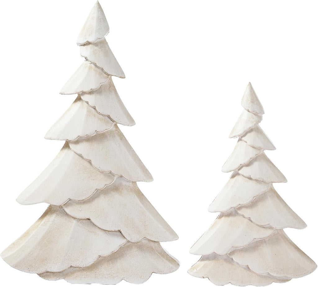 RM ROOMERS Wooden Christmas Tree Figurine Set of 2, White Tree Figurines