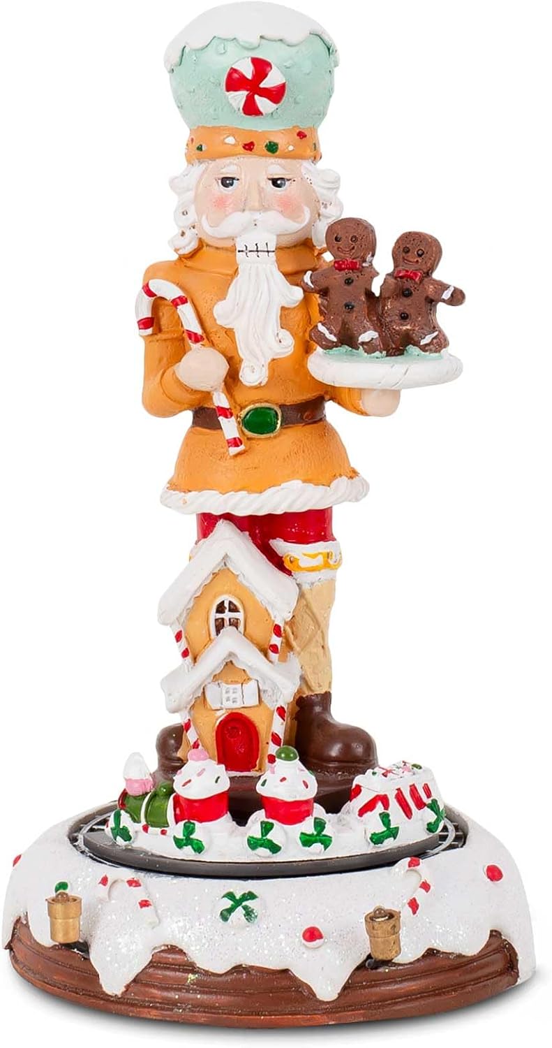innodept12 Christmas Gingerbread Nutcracker Collection Figurines, Animated Rotating Train Tiered Nutcracker Decor with LED Light, Indoor Winter Table Desktop Fireplace Decorations